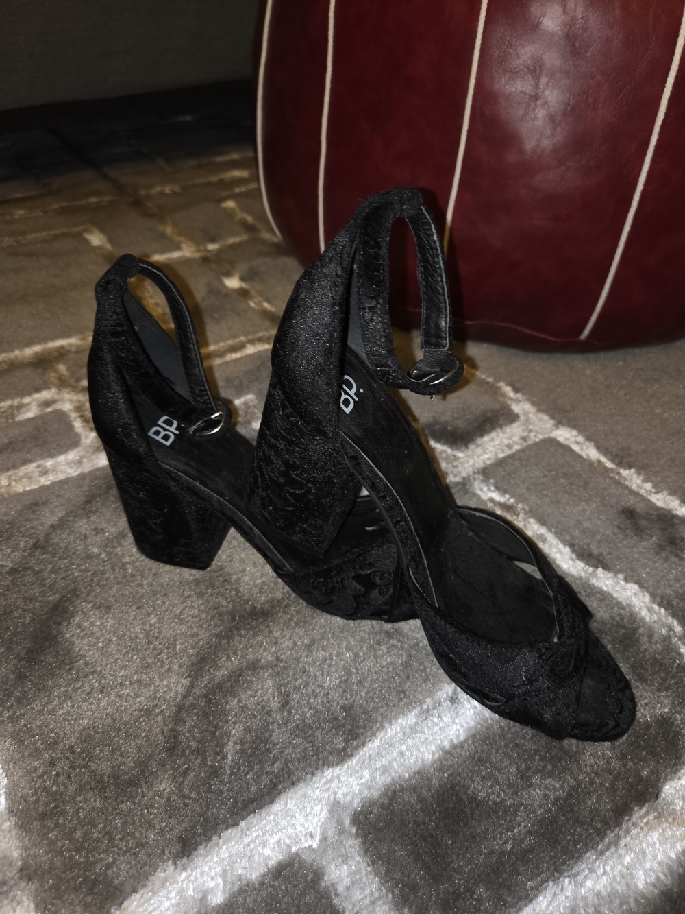bp Black Velvet Block Heel Sandals with Ankle Strap Ring Detail